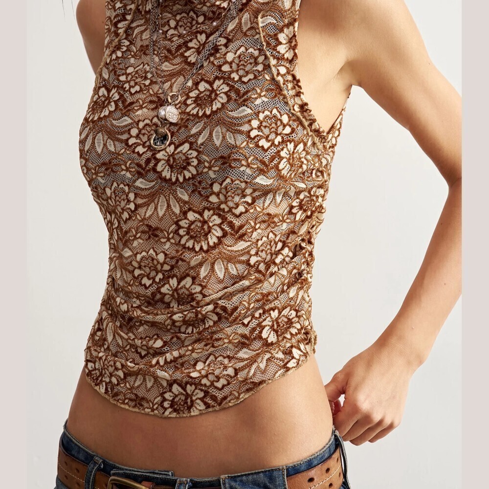 Brown Floral Lace Mock Neck Sleeveless Slim Fit Crop Tank Top